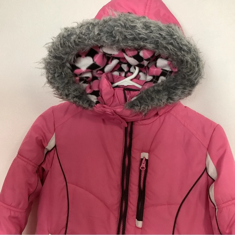 London Fog Girls Size L 14-16 Pink Faux Fur Puffer Hooded Jacket Coat W/plaid